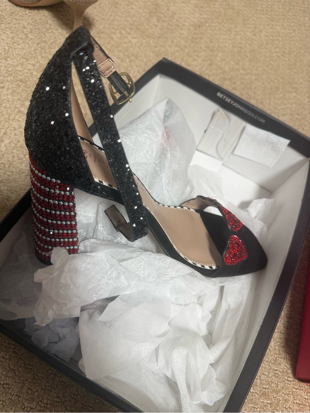 Betsey Johnson Black Sequined Block Heels with Red Crystal Hearts